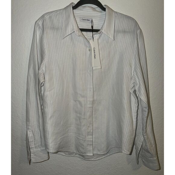 Calvin Klein Women’s Linen Blend Button Down Shirt White Large L NWT - Picture 1 of 6